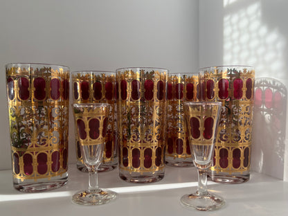 CULVER 22k GILT APPLIQUE TOM COLLINS VINTAGE BARWARE GLASSES- SET OF 5 plus 2 APERITIFS/DIGESTIFS or SHOTGLASSES