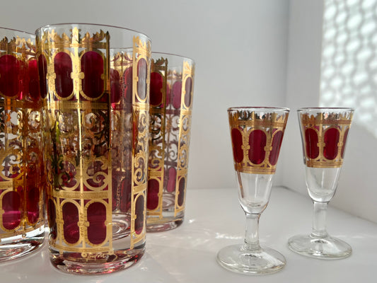 CULVER 22k GILT APPLIQUE TOM COLLINS VINTAGE BARWARE GLASSES- SET OF 5 plus 2 APERITIFS/DIGESTIFS or SHOTGLASSES