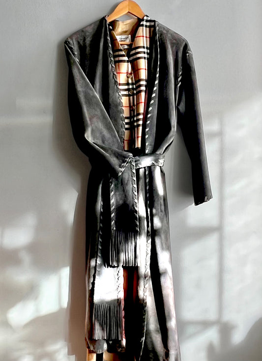 INCREDIBLE VINTAGE GREY MIDI LEATHER BELTED COAT