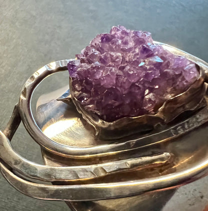 ORGANIC STYLE BRUTALIST RAW AMETHYST & STERLING SILVER ARTISAN CUFF BRACELET MODERNIST
