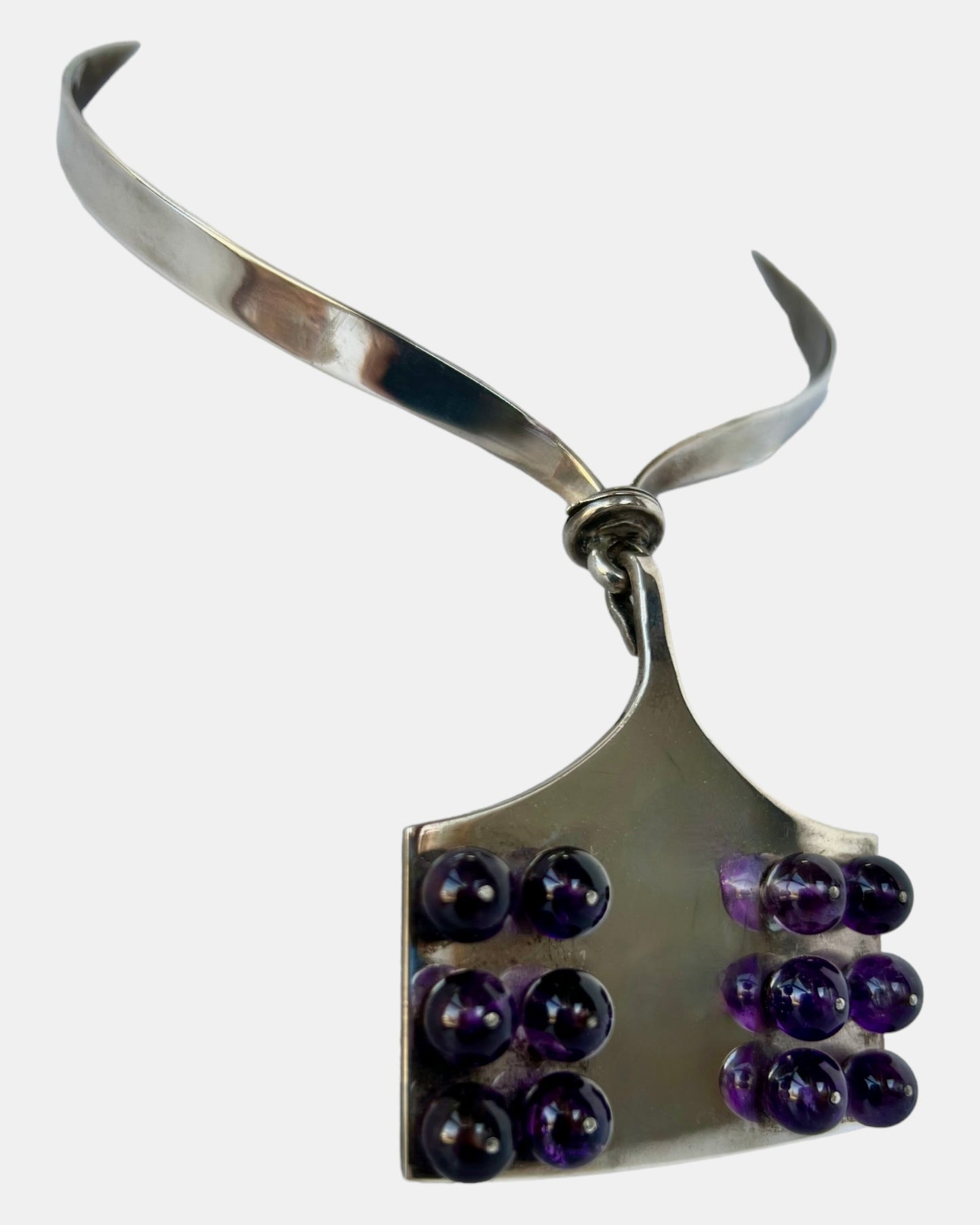 EARLY MODERNIST TANE REMARKABLE STERLING SILVER NECK RING AMETHYST BEAD GRAPHIC SILVERSMITHING MASTERPIECE NECKLACE