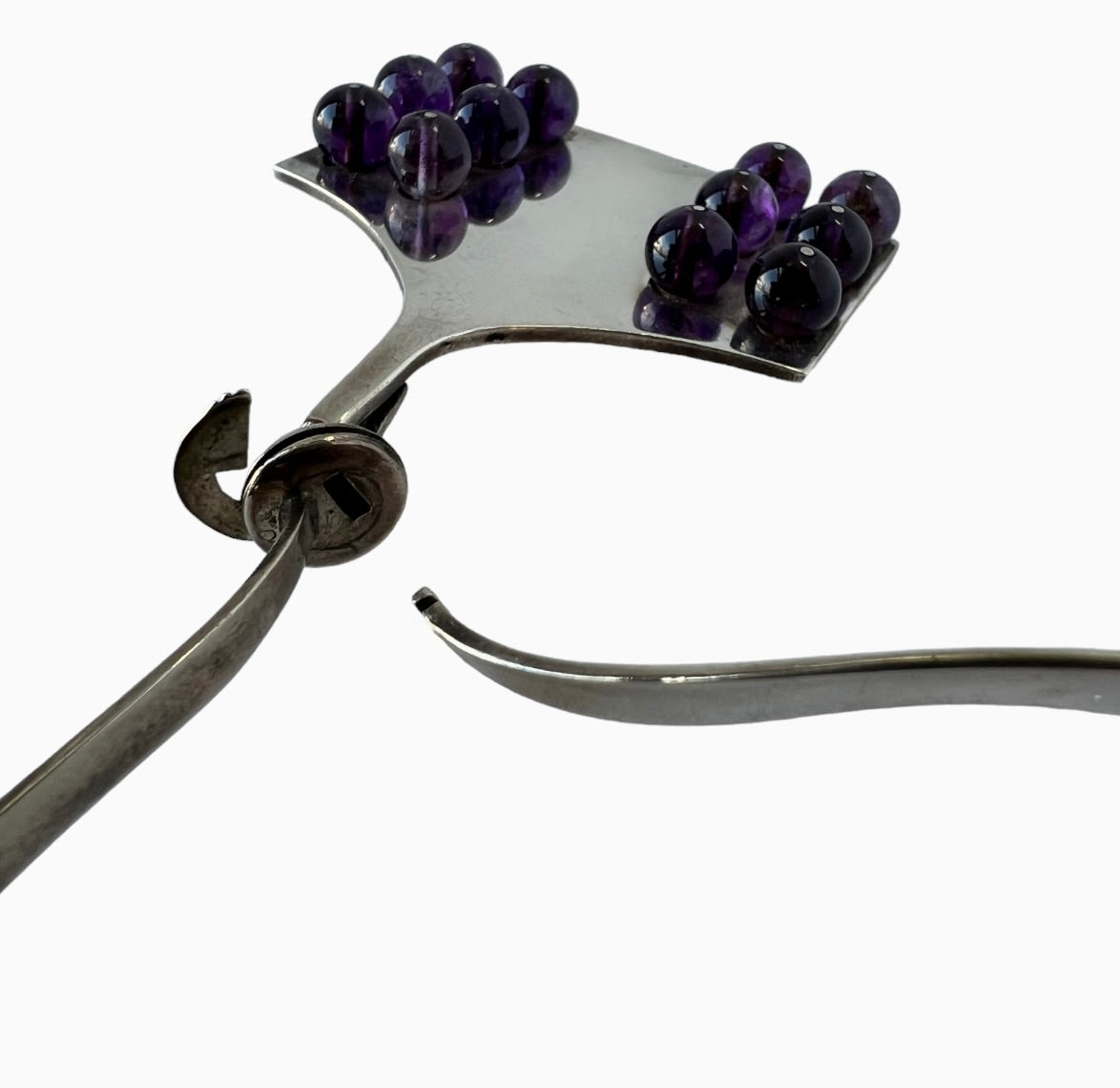 EARLY MODERNIST TANE REMARKABLE STERLING SILVER NECK RING AMETHYST BEAD GRAPHIC SILVERSMITHING MASTERPIECE NECKLACE