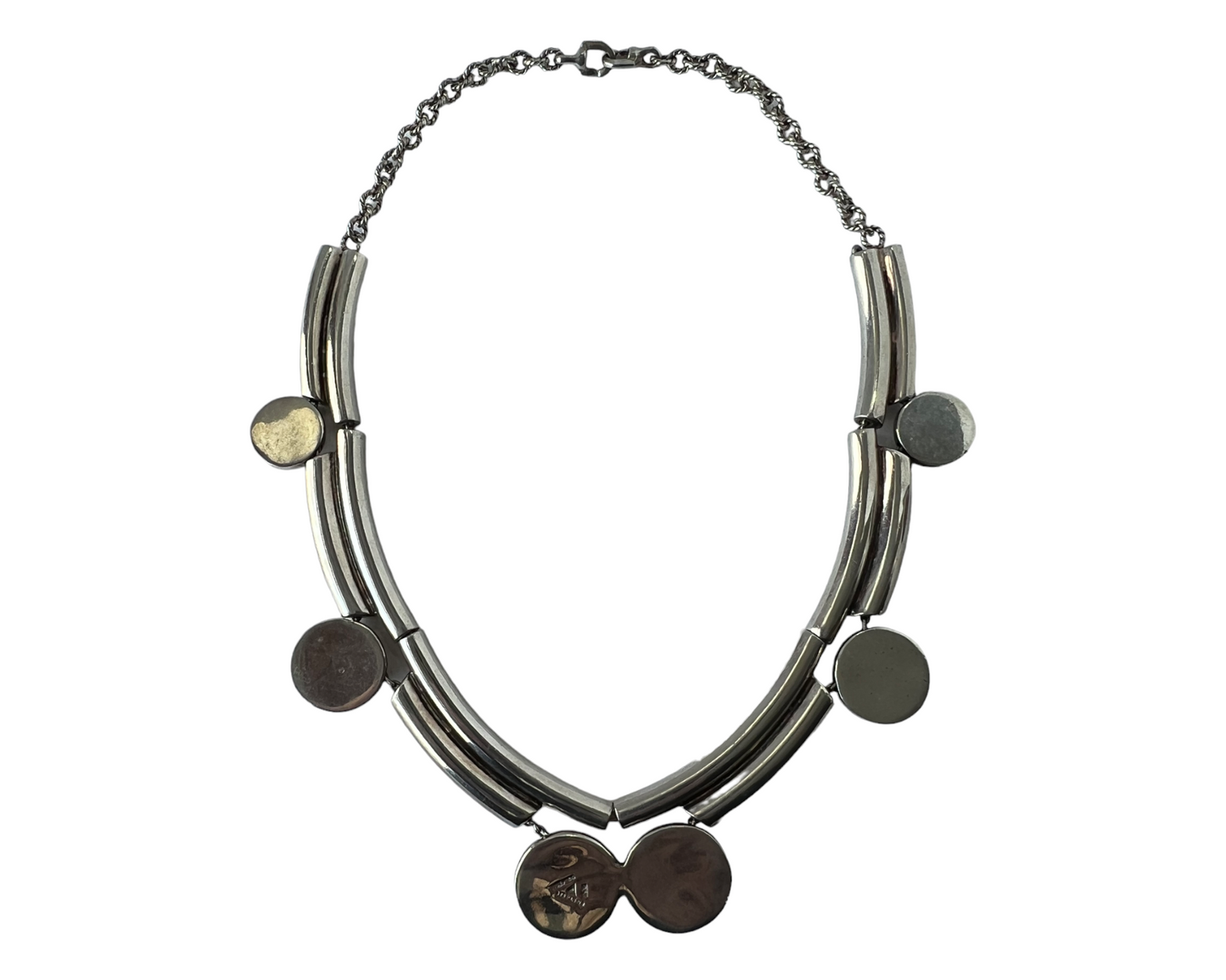 EARLY MODERNIST TANE STERLING SILVER DISC/TUBE CHAIN UNIQUE STATEMENT NECKLACE