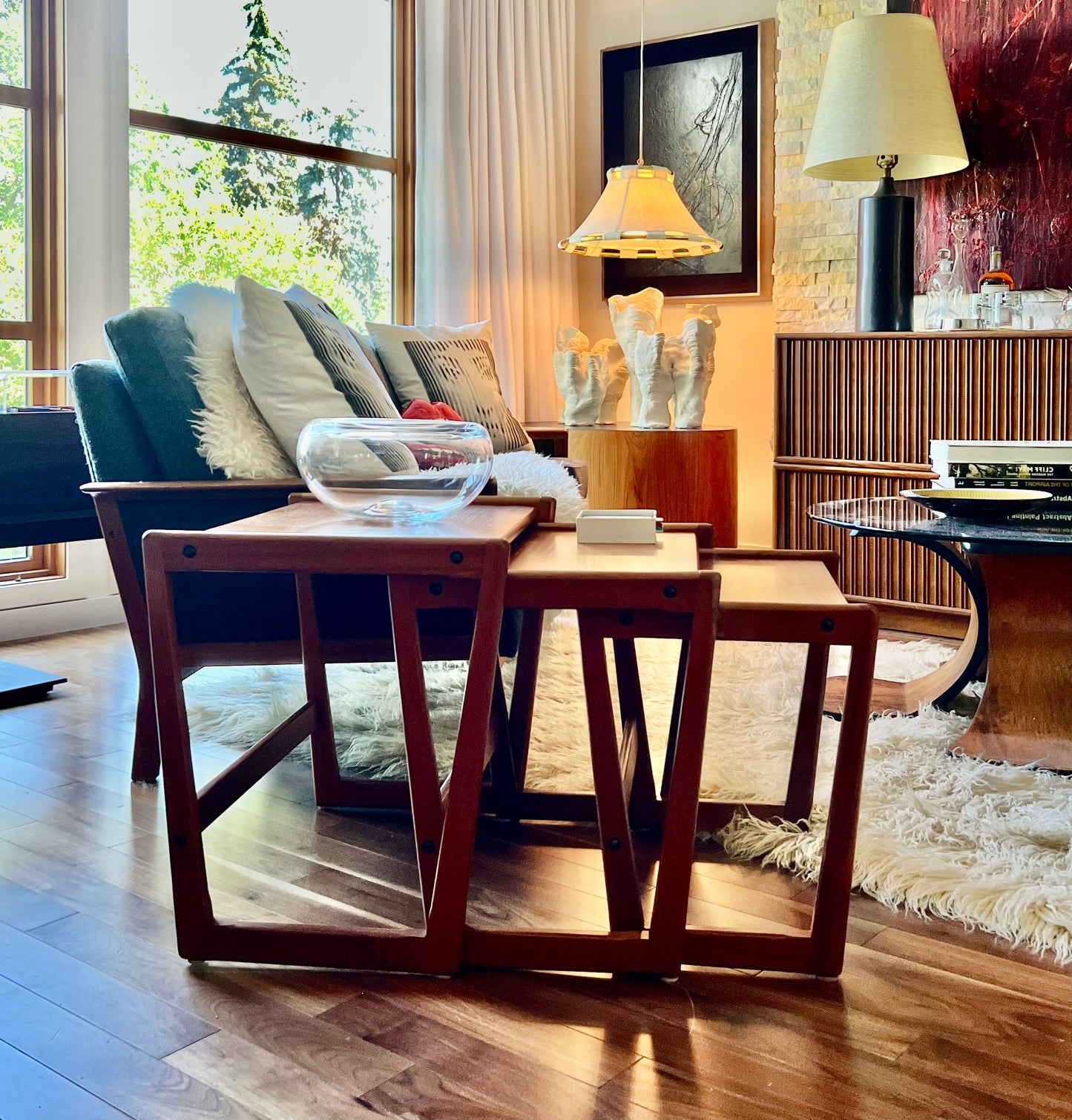 SCULPTURAL 'KUBUS' RANGE SET of 3 TEAK NESTING TABLES by GEORG JENSEN for TONDER MOBELVAERK