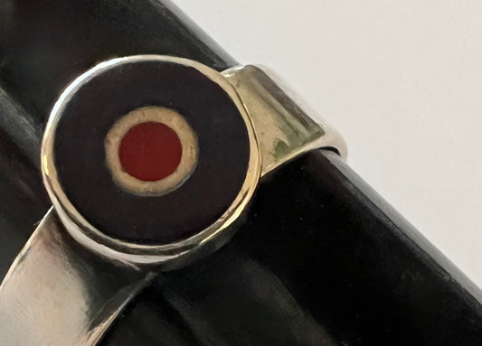 STERLING SILVER RED/BLUE ENAMEL BULLSEYE TARGET MODERNIST STUDIO CRAFT RING SIZE 7.75 - 8