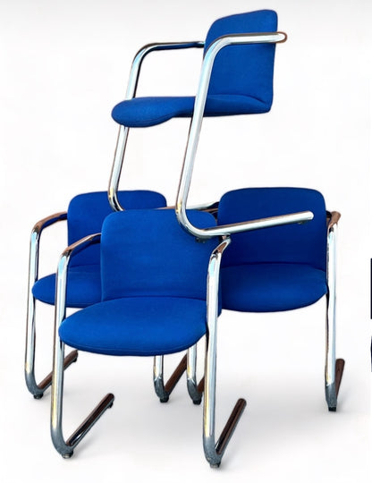 MCM CHROME CANTILEVER set of 4 DINING or ACCENT CHAIRS BY HUGH HAMILTON & PHILIP SALMON for KINETICS FURNITURE .