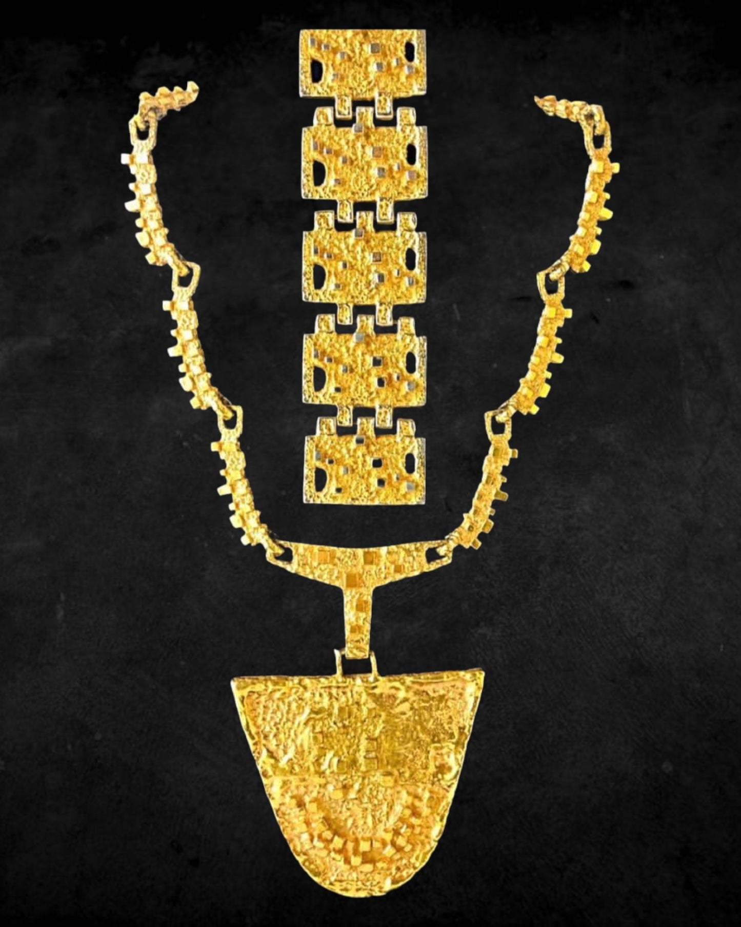 RARE & EPIC BRUTALIST GOLD PLATED PEWTER NECKLACE & BRACELET SET by MID CENTURY MODERN MONTREAL QUEBEC ARCHITECT/DESIGNER ROBERT LARIN