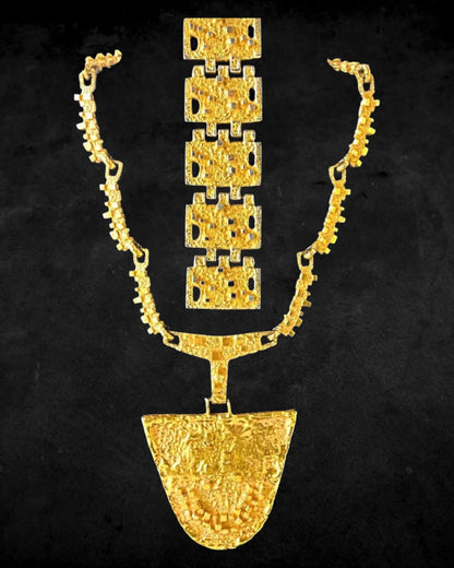 RARE & EPIC BRUTALIST GOLD PLATED PEWTER NECKLACE & BRACELET SET by MID CENTURY MODERN MONTREAL QUEBEC ARCHITECT/DESIGNER ROBERT LARIN