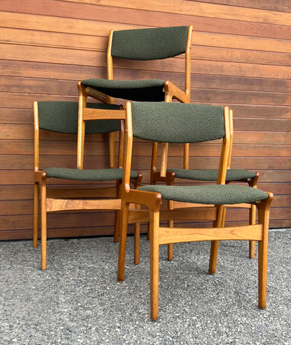 ON HOLD/ SET OF 4 SOLID TEAK DINING CHAIRS w/ FRESH DEEP FOREST GREEN BOUCLE UPHOLSTERY