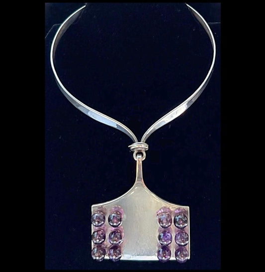 EARLY MODERNIST TANE REMARKABLE STERLING SILVER NECK RING AMETHYST BEAD GRAPHIC SILVERSMITHING MASTERPIECE NECKLACE