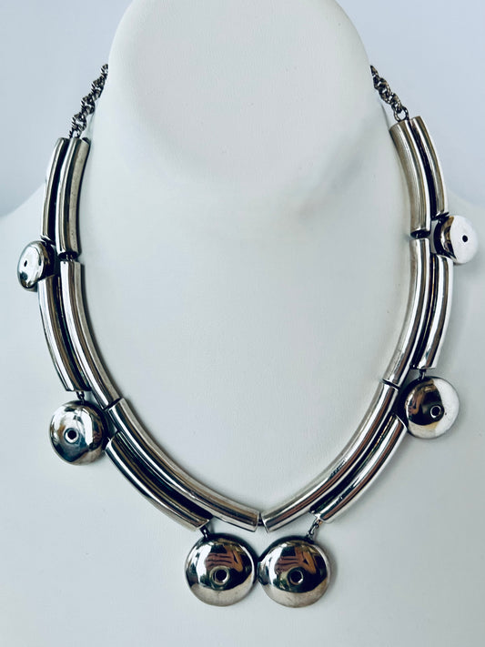 EARLY MODERNIST TANE STERLING SILVER DISC/TUBE CHAIN UNIQUE STATEMENT NECKLACE