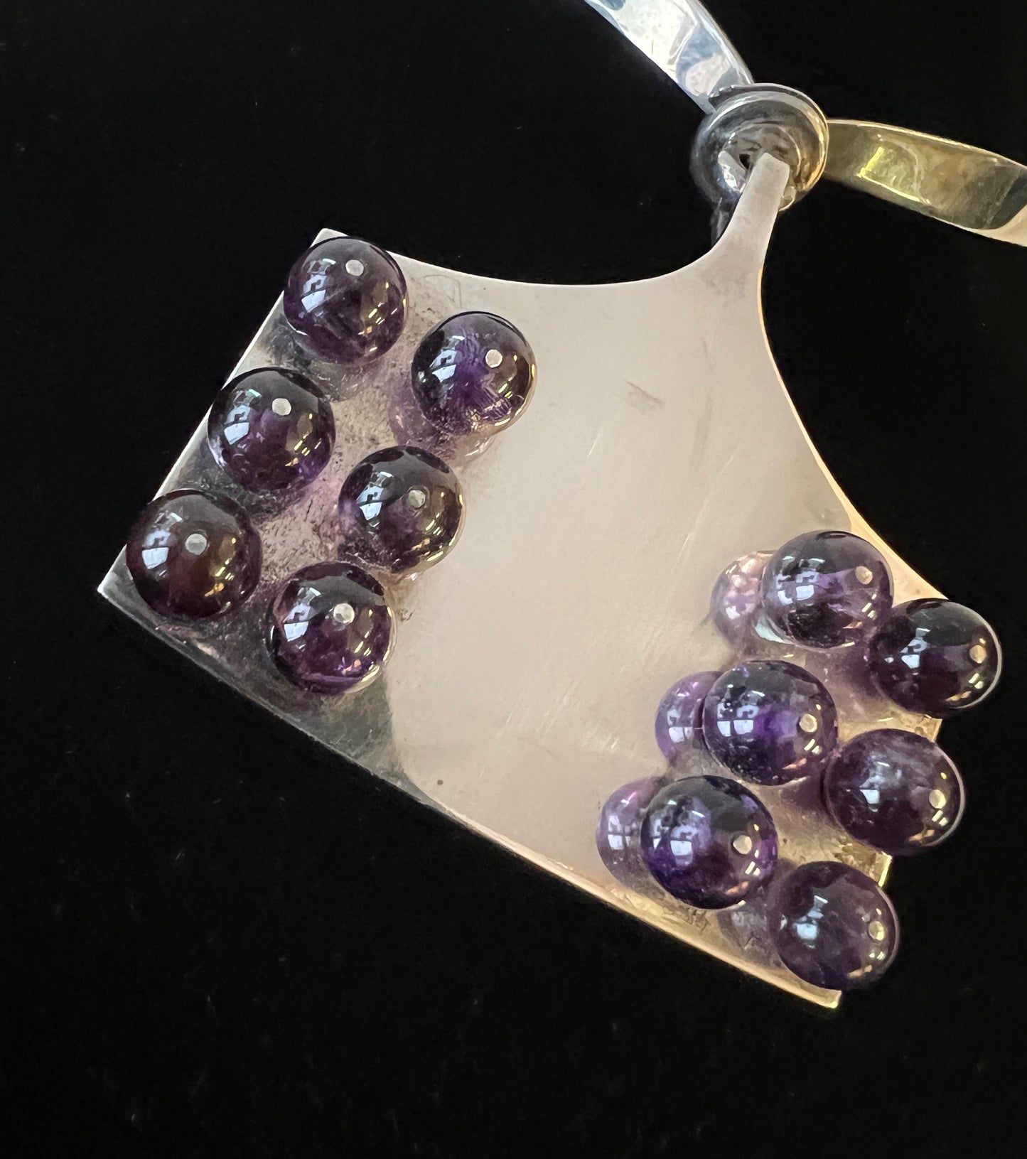 EARLY MODERNIST TANE REMARKABLE STERLING SILVER NECK RING AMETHYST BEAD GRAPHIC SILVERSMITHING MASTERPIECE NECKLACE