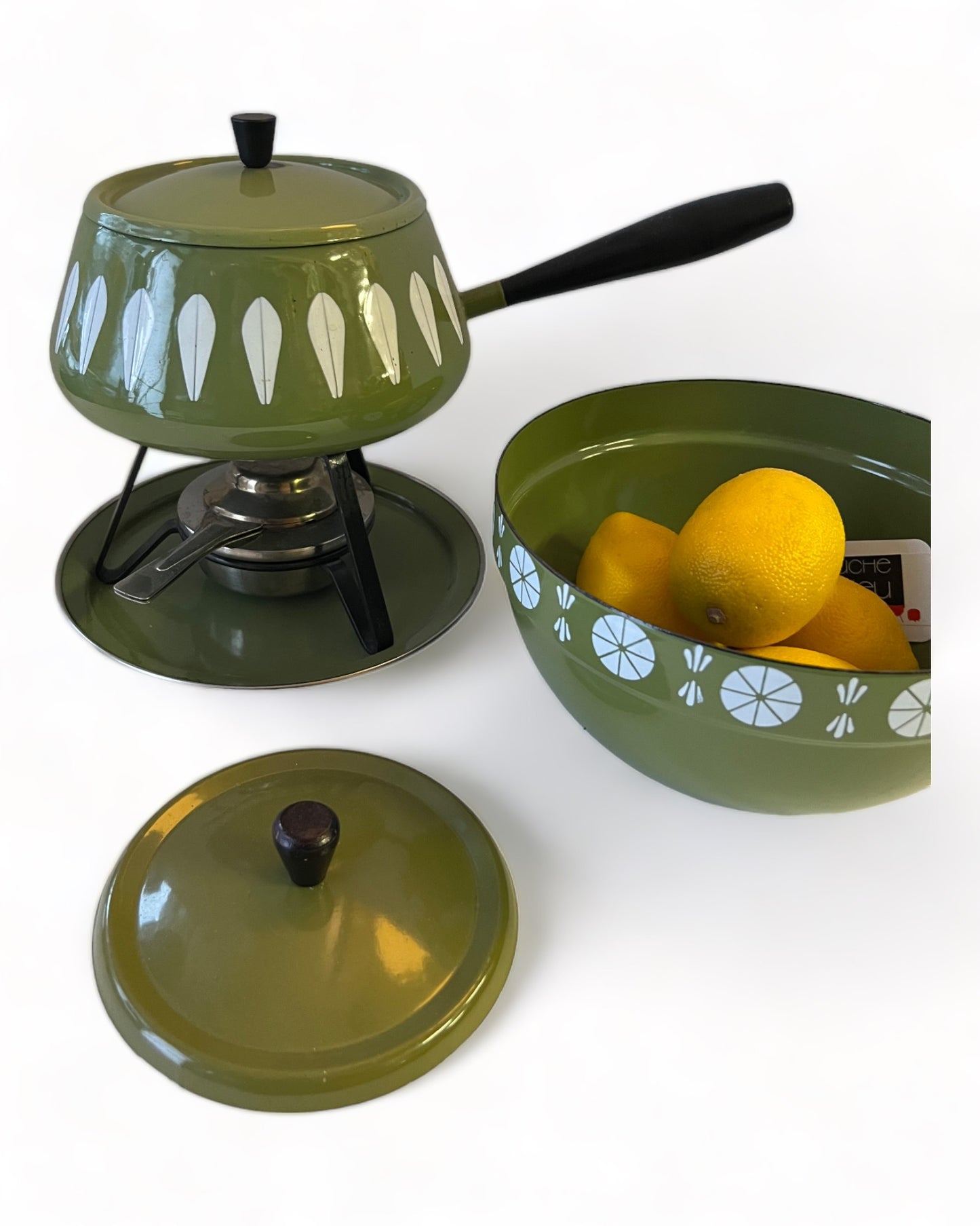 ENAMELWARE CATHRINE HOLM FONDUE SET- OLIVE GREEN LOTUS PATTERN- 5 + 1 Piece