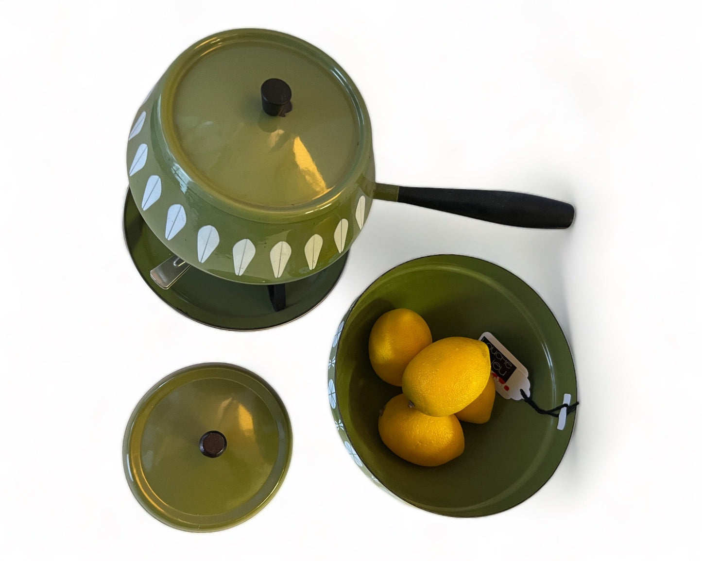 ENAMELWARE CATHRINE HOLM FONDUE SET- OLIVE GREEN LOTUS PATTERN- 5 + 1 Piece