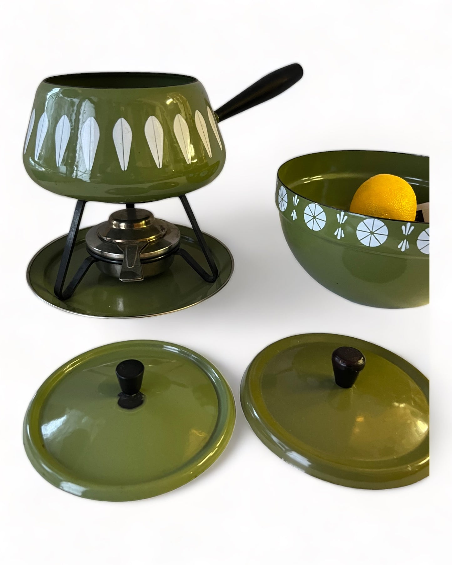 ENAMELWARE CATHRINE HOLM FONDUE SET- OLIVE GREEN LOTUS PATTERN- 5 + 1 Piece