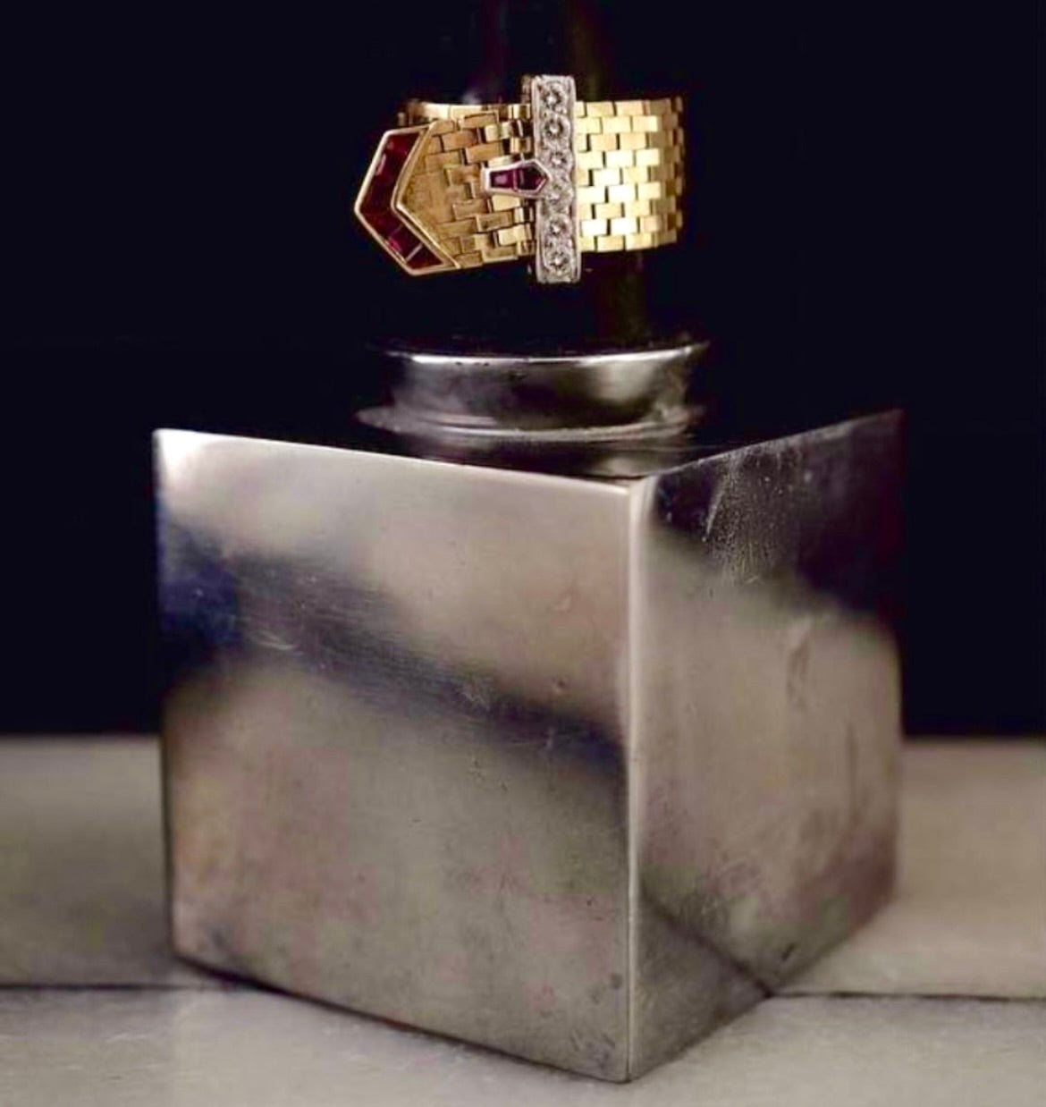 SUSPENDED WHILE SEEK UPDATED APPRAISAL on the PRECIOUS METALS/INQUIRE WITH INTEREST/  YELLOW GOLD & PLATINUM MESH CARTIER STYLE BELT RING NATURAL RUBY & DIAMONDS ADJUSTABLE SIZE