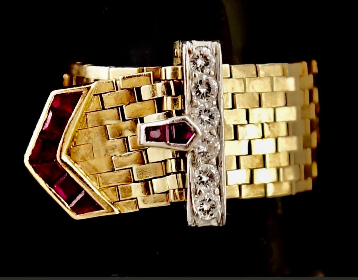 SUSPENDED WHILE SEEK UPDATED APPRAISAL on the PRECIOUS METALS/INQUIRE WITH INTEREST/  YELLOW GOLD & PLATINUM MESH CARTIER STYLE BELT RING NATURAL RUBY & DIAMONDS ADJUSTABLE SIZE