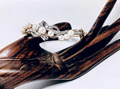 SUSPENDED WHILE SEEK UPDATED APPRAISAL on the PRECIOUS METALS/ INQUIRE W/ INTEREST/VINTAGE PEARLS w/ WHITE & 14kt YELLOW GOLD STUNNING BANGLE ESTATE BRACELET