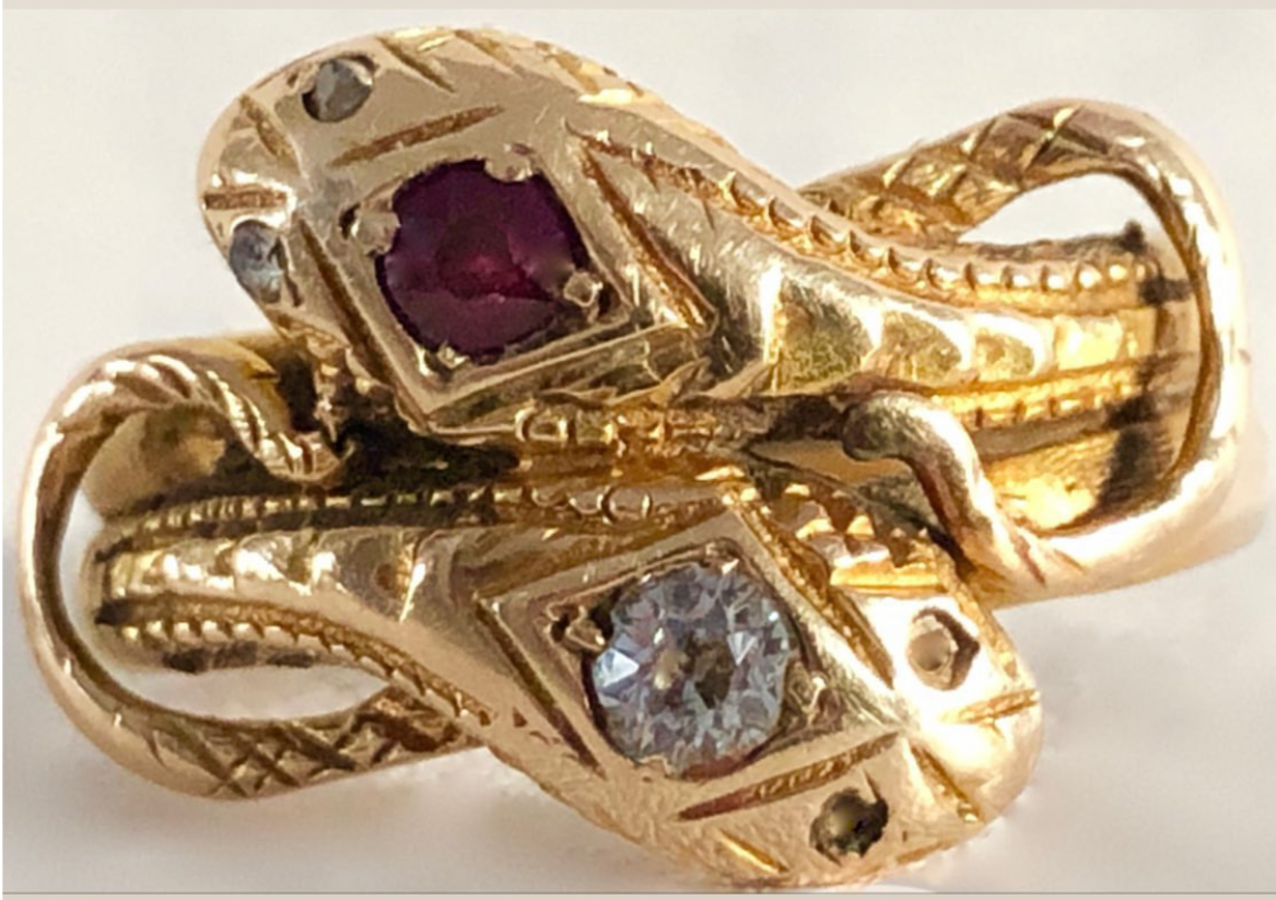 SUSPENDED WHILE SEEK UPDATED APPRAISAL on the PRECIOUS METALS/INQUIRE w/ INTEREST/ EDWARDIAN/ VICTORIAN DOUBLE SNAKE LOVE/ETERNITY OUROBOROS GOLD RING