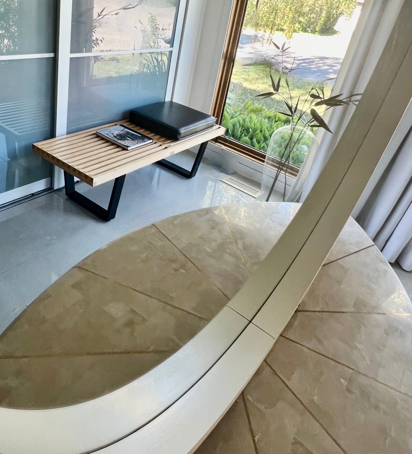 FUN CURVY CONSOLE TABLE ENTRYWAY WITH INLAID BRASS DETAILING