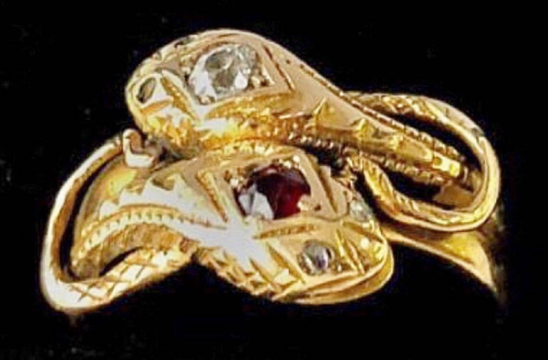 SUSPENDED WHILE SEEK UPDATED APPRAISAL on the PRECIOUS METALS/INQUIRE w/ INTEREST/ EDWARDIAN/ VICTORIAN DOUBLE SNAKE LOVE/ETERNITY OUROBOROS GOLD RING