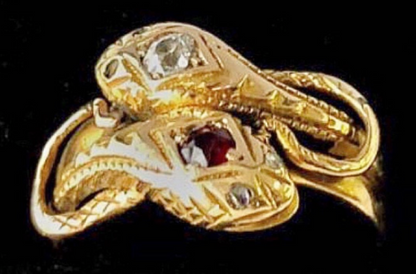 SUSPENDED WHILE SEEK UPDATED APPRAISAL on the PRECIOUS METALS/INQUIRE w/ INTEREST/ EDWARDIAN/ VICTORIAN DOUBLE SNAKE LOVE/ETERNITY OUROBOROS GOLD RING