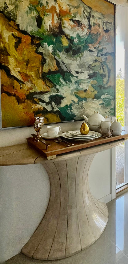 FUN CURVY CONSOLE TABLE ENTRYWAY WITH INLAID BRASS DETAILING