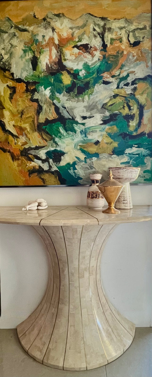 FUN CURVY CONSOLE TABLE ENTRYWAY WITH INLAID BRASS DETAILING