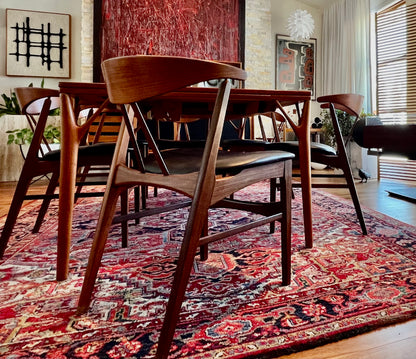 DANISH TEAK SOLID AFROMOSIA REFRESHED & REUPHOLSTERED HIGHLY SCULPTURAL MID CENTURY MODERN 1060s DINING CHAIRS