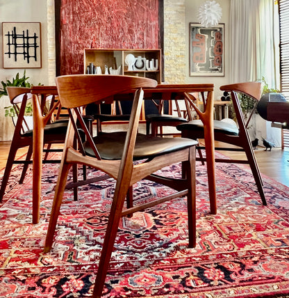 DANISH TEAK SOLID AFROMOSIA REFRESHED & REUPHOLSTERED HIGHLY SCULPTURAL MID CENTURY MODERN 1060s DINING CHAIRS