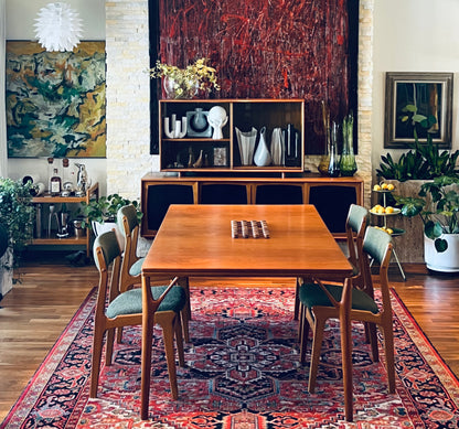 ON HOLD/ SET OF 4 SOLID TEAK DINING CHAIRS w/ FRESH DEEP FOREST GREEN BOUCLE UPHOLSTERY
