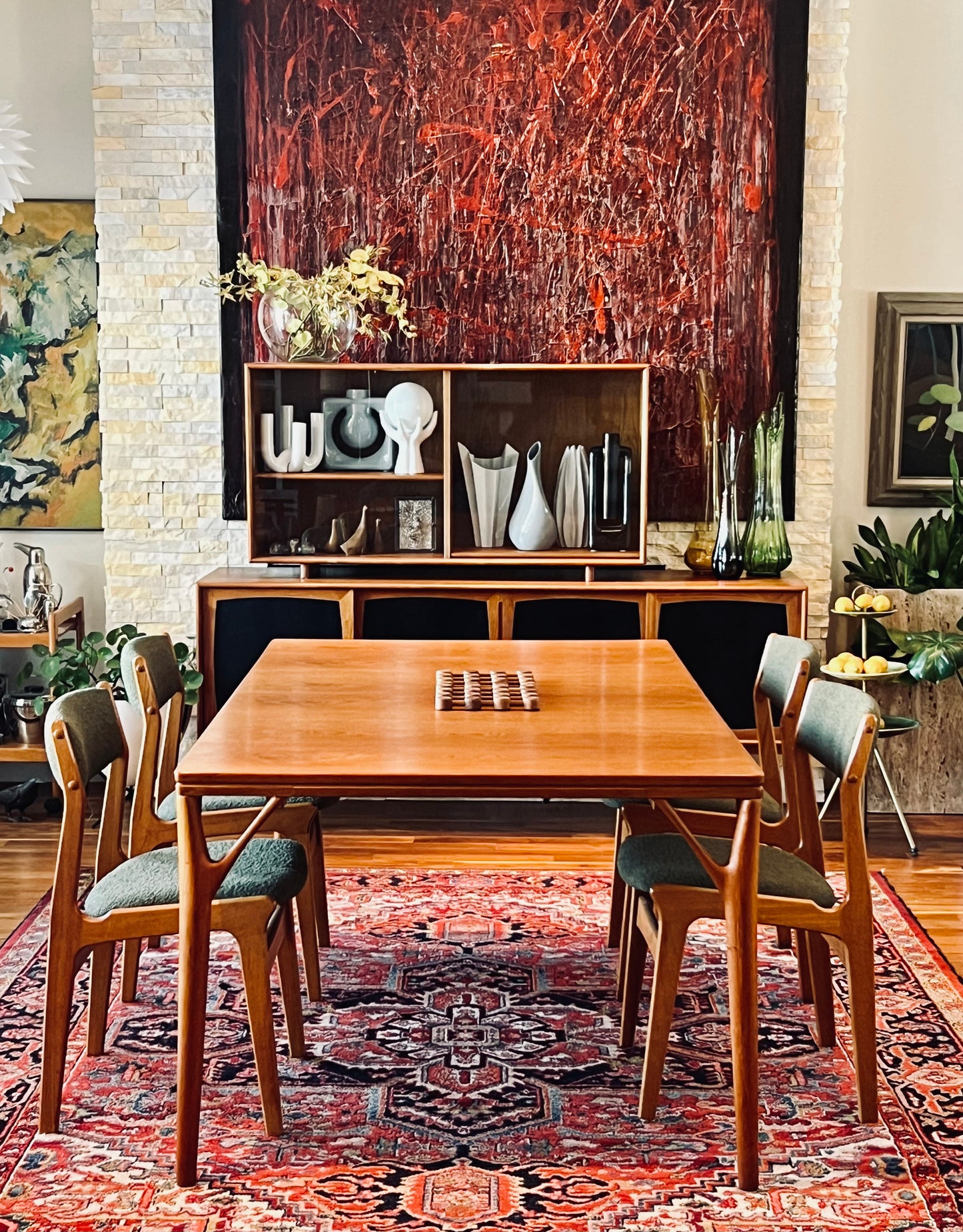 ON HOLD/ SET OF 4 SOLID TEAK DINING CHAIRS w/ FRESH DEEP FOREST GREEN BOUCLE UPHOLSTERY