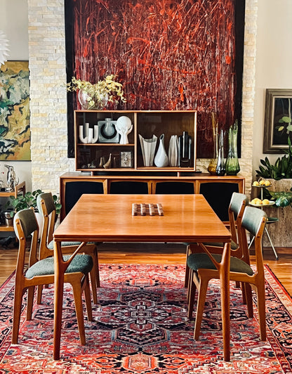 ON HOLD/ SET OF 4 SOLID TEAK DINING CHAIRS w/ FRESH DEEP FOREST GREEN BOUCLE UPHOLSTERY
