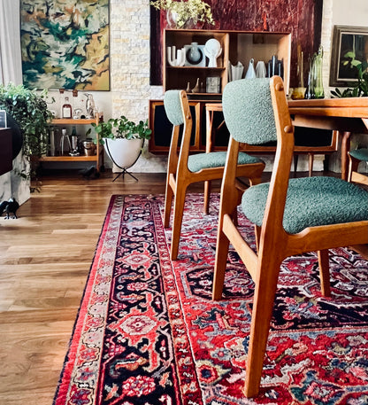 ON HOLD/ SET OF 4 SOLID TEAK DINING CHAIRS w/ FRESH DEEP FOREST GREEN BOUCLE UPHOLSTERY