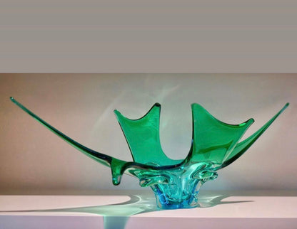 * desiger info and price GREEN BLUE 60s CANADIAN ART GLASS ANTLER STRETCH FREEFORM CENTERPIECE