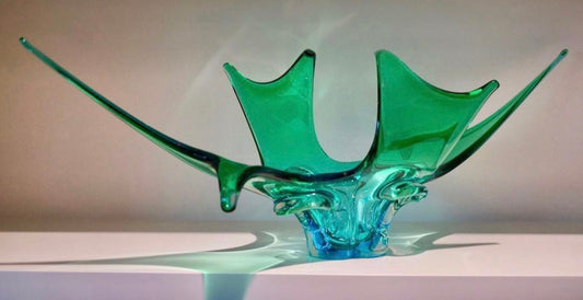 * desiger info and price GREEN BLUE 60s CANADIAN ART GLASS ANTLER STRETCH FREEFORM CENTERPIECE