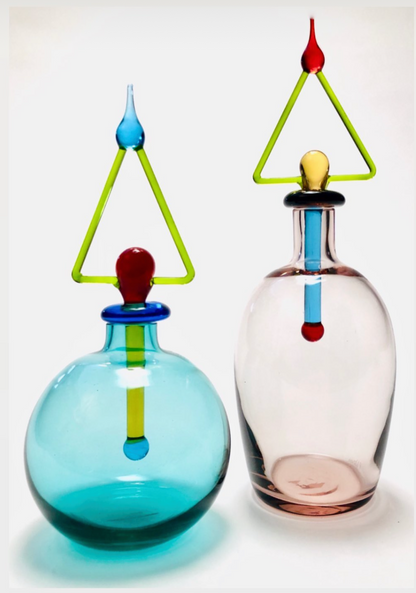 ITALIAN GLASS HAND-BLOWN PERFUME DECANTER SET MURANO MEMPHIS ERA PAIR