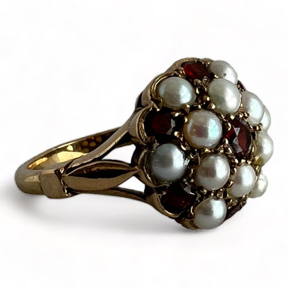 ESTATE VICTORIAN YELLOW GOLD PEARL & BOHEMIAN GARNET PINCUSHION RING
