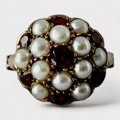 ESTATE VICTORIAN YELLOW GOLD PEARL & BOHEMIAN GARNET PINCUSHION RING