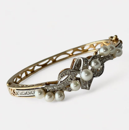 SUSPENDED WHILE SEEK UPDATED APPRAISAL on the PRECIOUS METALS/ INQUIRE W/ INTEREST/VINTAGE PEARLS w/ WHITE & 14kt YELLOW GOLD STUNNING BANGLE ESTATE BRACELET