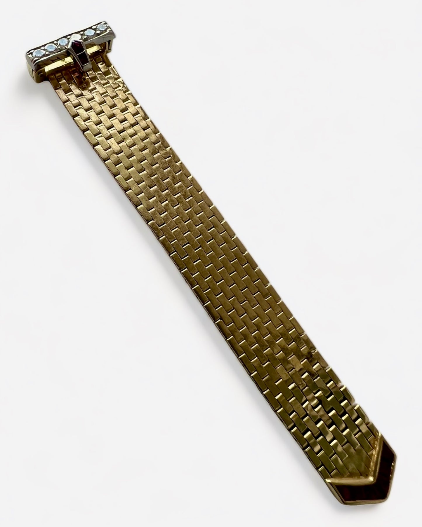 SUSPENDED WHILE SEEK UPDATED APPRAISAL on the PRECIOUS METALS/INQUIRE WITH INTEREST/  YELLOW GOLD & PLATINUM MESH CARTIER STYLE BELT RING NATURAL RUBY & DIAMONDS ADJUSTABLE SIZE