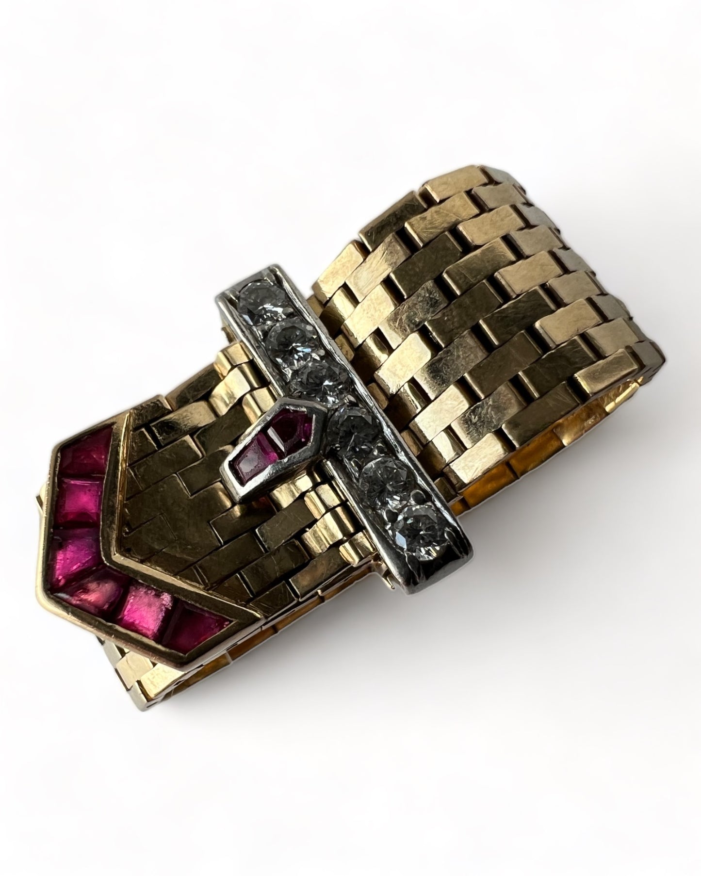SUSPENDED WHILE SEEK UPDATED APPRAISAL on the PRECIOUS METALS/INQUIRE WITH INTEREST/  YELLOW GOLD & PLATINUM MESH CARTIER STYLE BELT RING NATURAL RUBY & DIAMONDS ADJUSTABLE SIZE