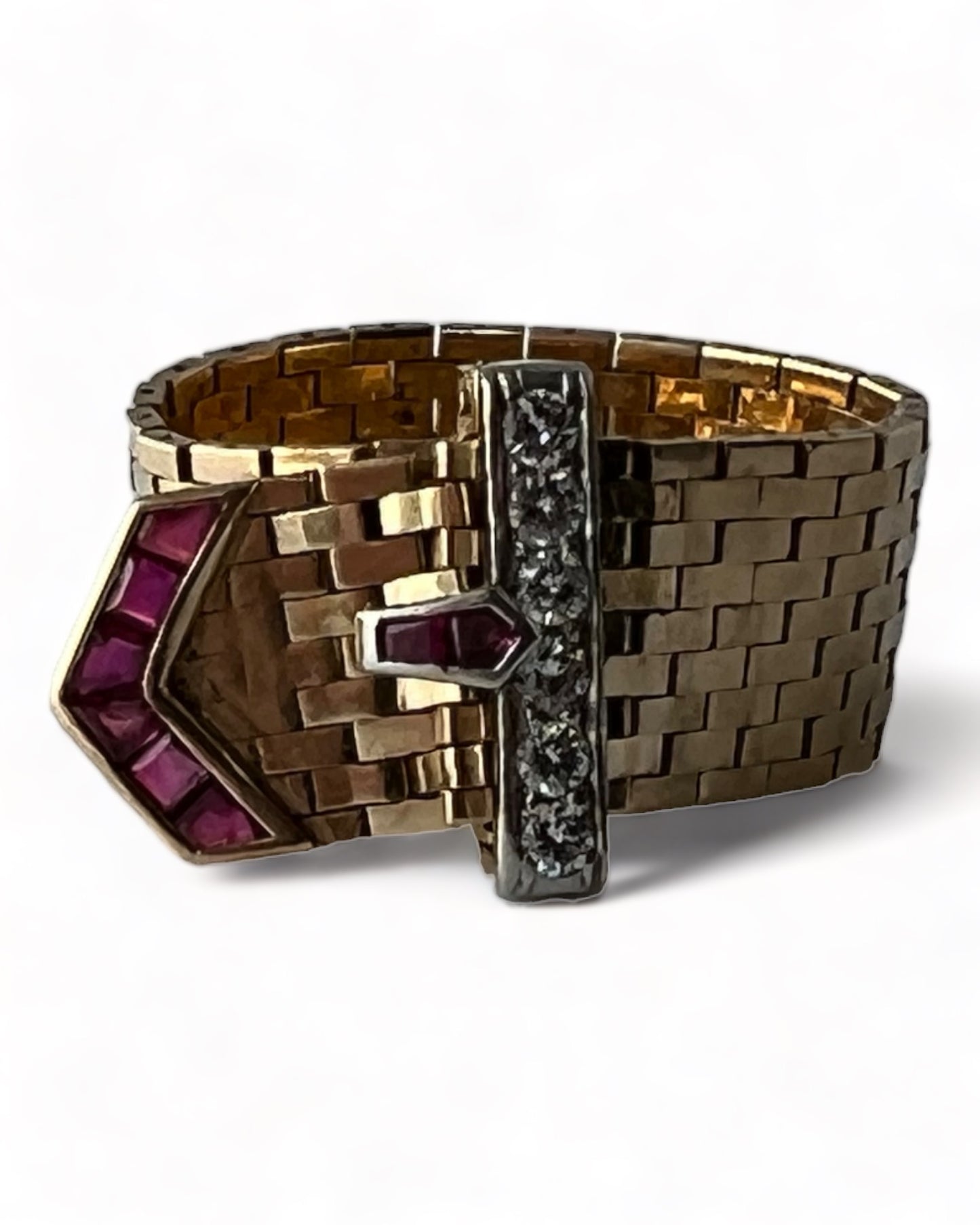 SUSPENDED WHILE SEEK UPDATED APPRAISAL on the PRECIOUS METALS/INQUIRE WITH INTEREST/  YELLOW GOLD & PLATINUM MESH CARTIER STYLE BELT RING NATURAL RUBY & DIAMONDS ADJUSTABLE SIZE