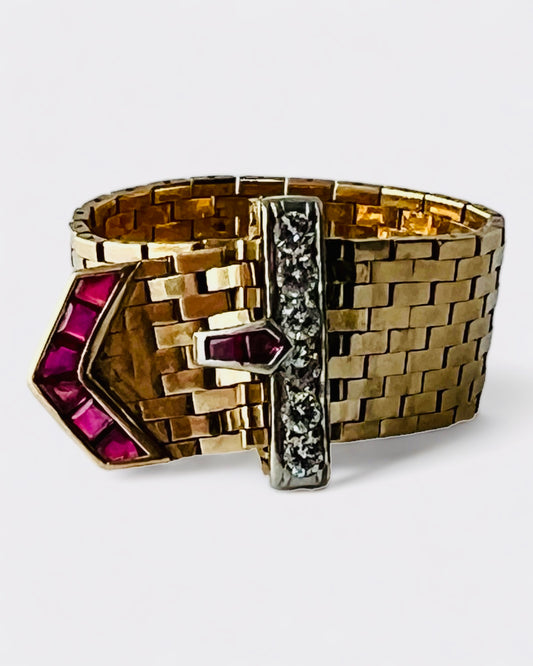SUSPENDED WHILE SEEK UPDATED APPRAISAL on the PRECIOUS METALS/INQUIRE WITH INTEREST/  YELLOW GOLD & PLATINUM MESH CARTIER STYLE BELT RING NATURAL RUBY & DIAMONDS ADJUSTABLE SIZE