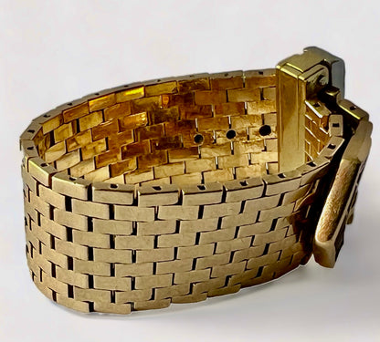 SUSPENDED WHILE SEEK UPDATED APPRAISAL on the PRECIOUS METALS/INQUIRE WITH INTEREST/  YELLOW GOLD & PLATINUM MESH CARTIER STYLE BELT RING NATURAL RUBY & DIAMONDS ADJUSTABLE SIZE
