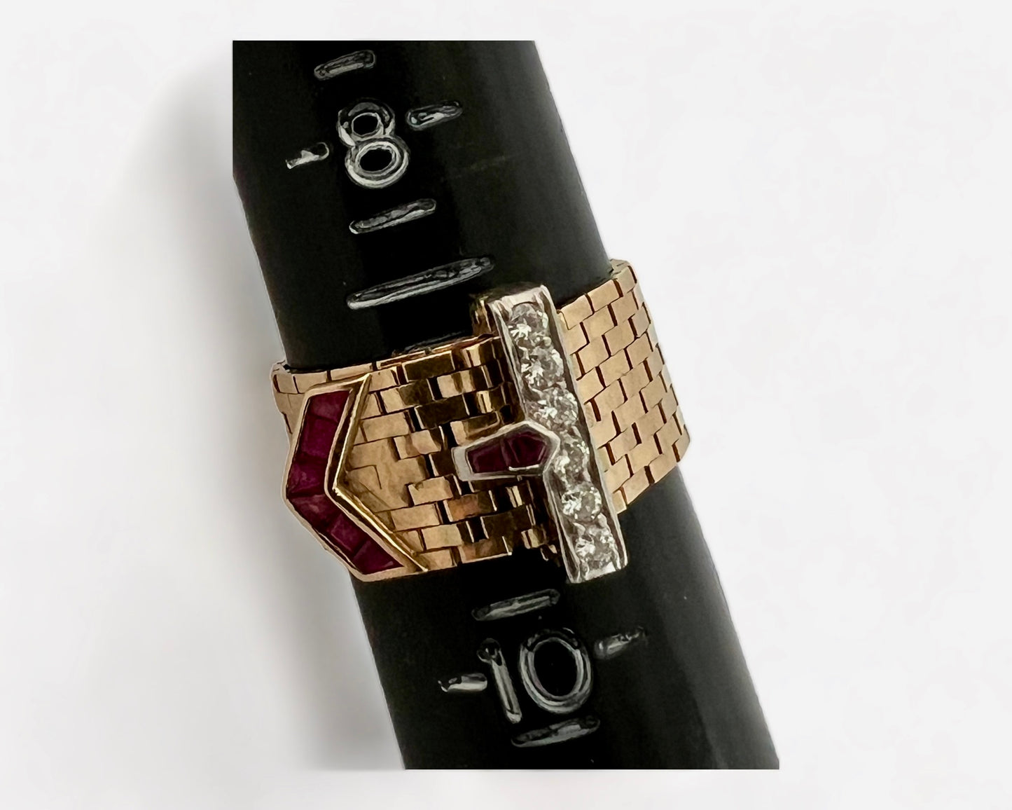 SUSPENDED WHILE SEEK UPDATED APPRAISAL on the PRECIOUS METALS/INQUIRE WITH INTEREST/  YELLOW GOLD & PLATINUM MESH CARTIER STYLE BELT RING NATURAL RUBY & DIAMONDS ADJUSTABLE SIZE
