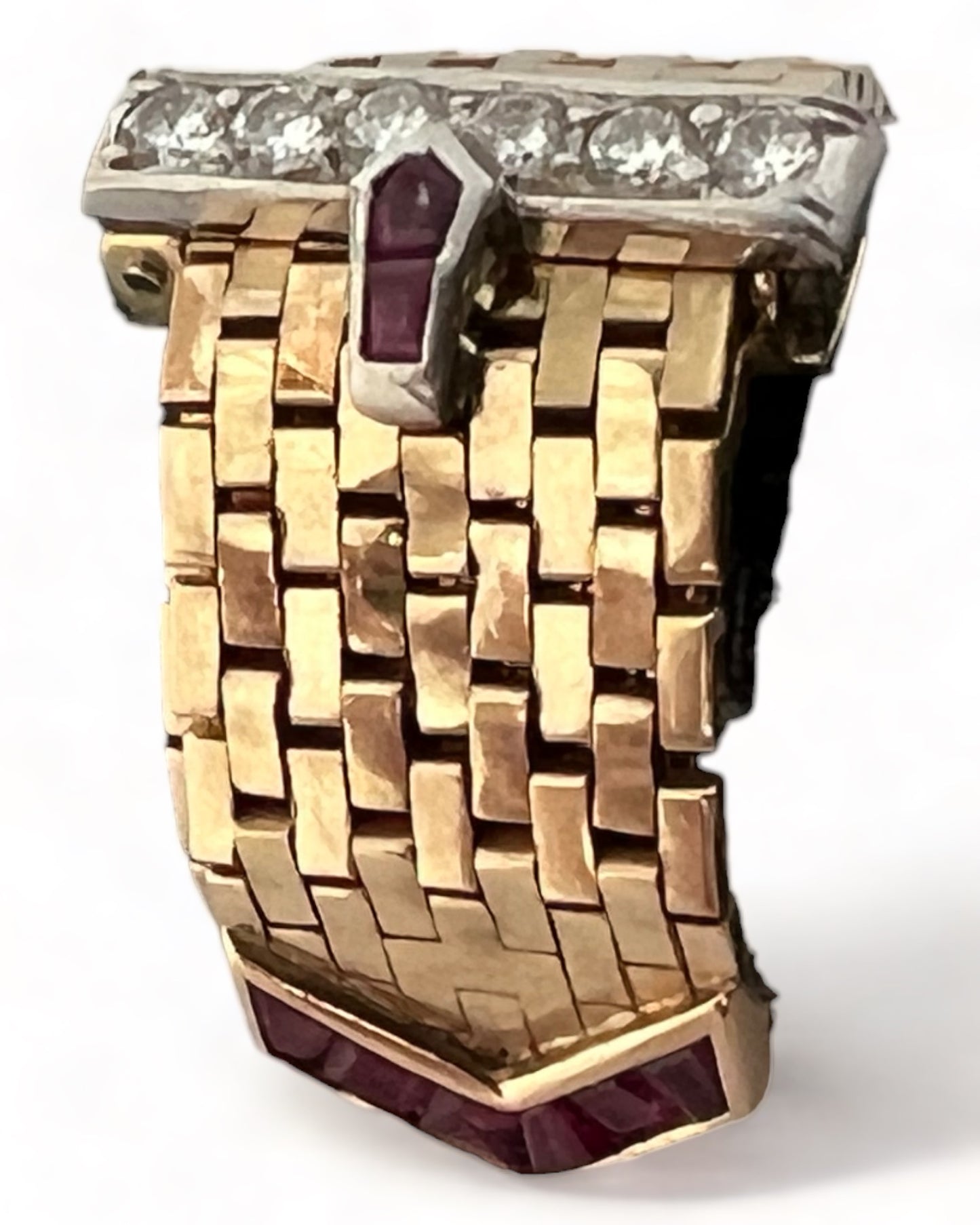 SUSPENDED WHILE SEEK UPDATED APPRAISAL on the PRECIOUS METALS/INQUIRE WITH INTEREST/  YELLOW GOLD & PLATINUM MESH CARTIER STYLE BELT RING NATURAL RUBY & DIAMONDS ADJUSTABLE SIZE
