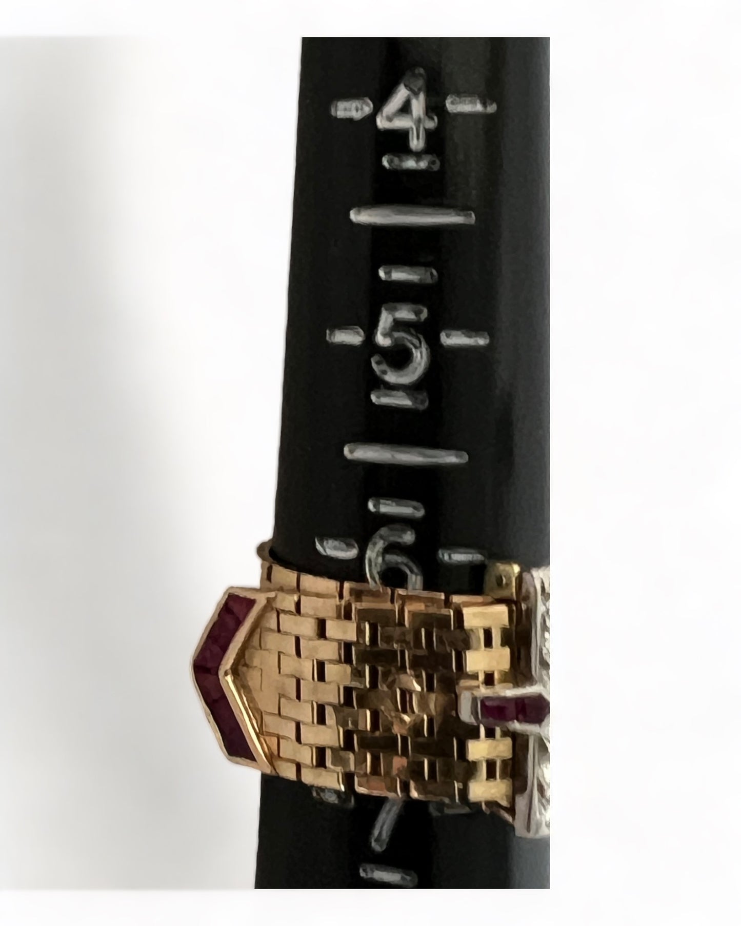 SUSPENDED WHILE SEEK UPDATED APPRAISAL on the PRECIOUS METALS/INQUIRE WITH INTEREST/  YELLOW GOLD & PLATINUM MESH CARTIER STYLE BELT RING NATURAL RUBY & DIAMONDS ADJUSTABLE SIZE