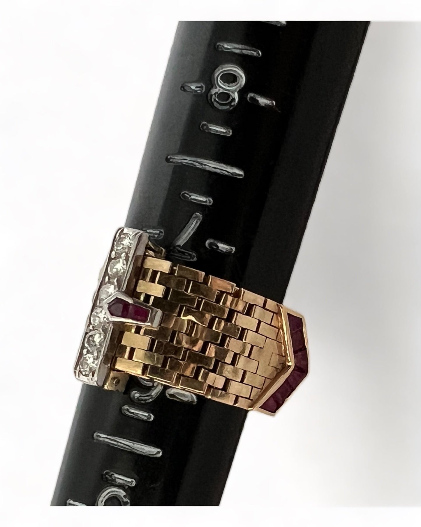 SUSPENDED WHILE SEEK UPDATED APPRAISAL on the PRECIOUS METALS/INQUIRE WITH INTEREST/  YELLOW GOLD & PLATINUM MESH CARTIER STYLE BELT RING NATURAL RUBY & DIAMONDS ADJUSTABLE SIZE