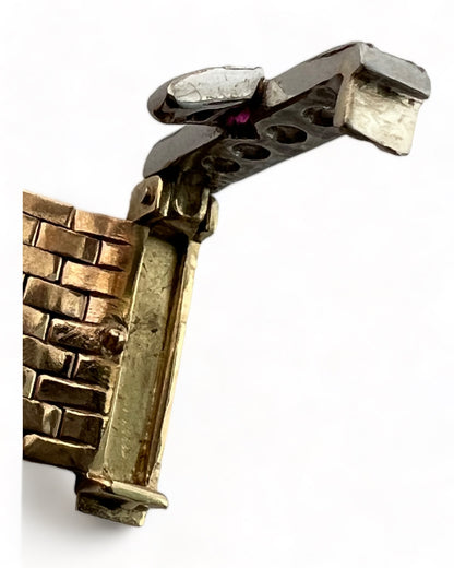 SUSPENDED WHILE SEEK UPDATED APPRAISAL on the PRECIOUS METALS/INQUIRE WITH INTEREST/  YELLOW GOLD & PLATINUM MESH CARTIER STYLE BELT RING NATURAL RUBY & DIAMONDS ADJUSTABLE SIZE